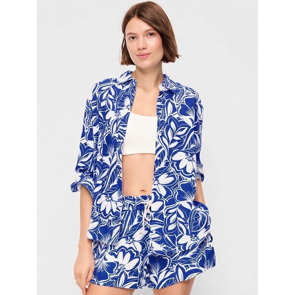 Old Navy Blue White Floral Open Tie Back Oversized Button Down Shirt Size L